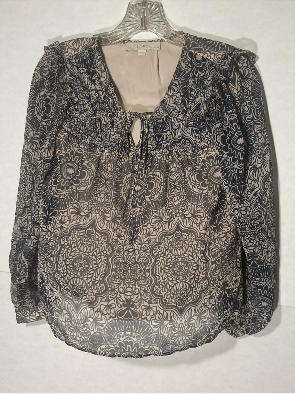 ANN TAYLOR LOFT blue tan floral semi sheer overlay ruffle long sleeve top XXSP